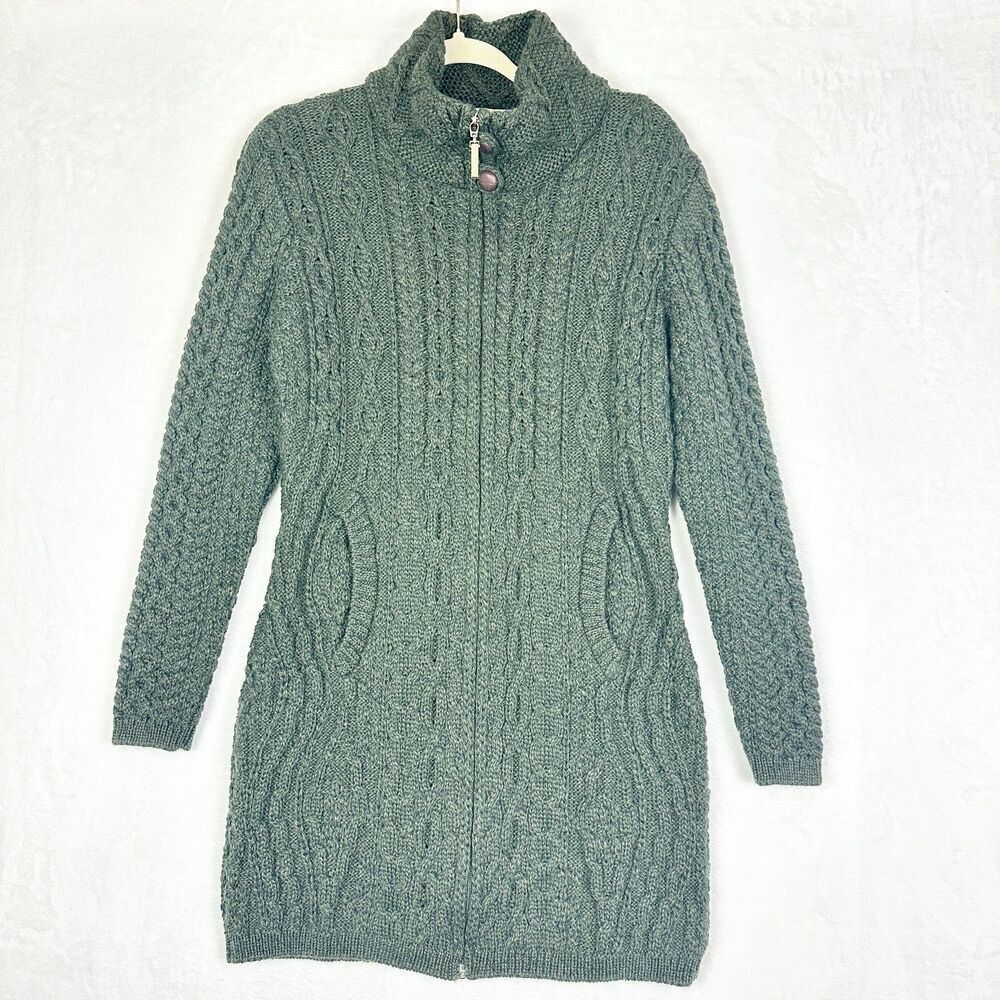 Shades Of Aran Merino Wool Long Fitted Coat Size Small NWT Green Cable Knit